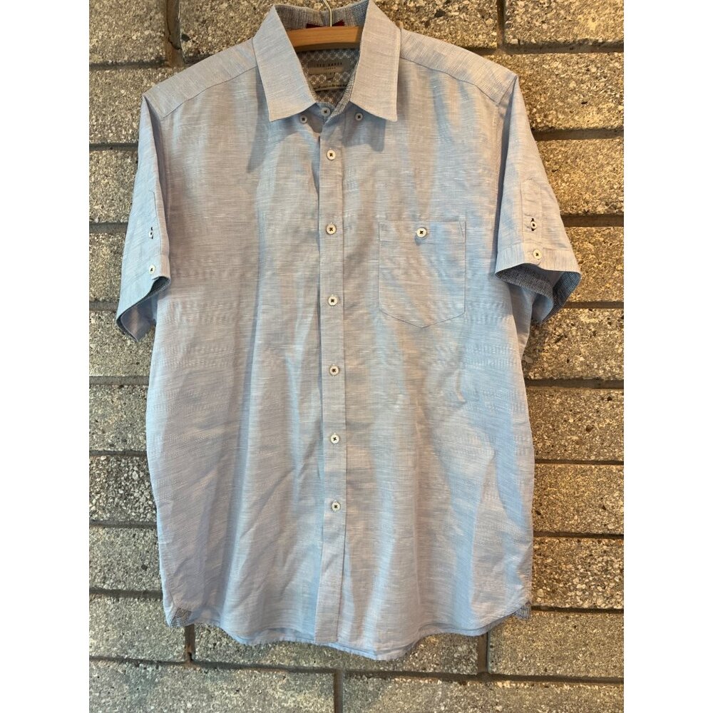 Ted Baker Mens Light Blue Short Sleeve Button-Up Shirt Size 5 With Patterned Col - Picture 2 of 8